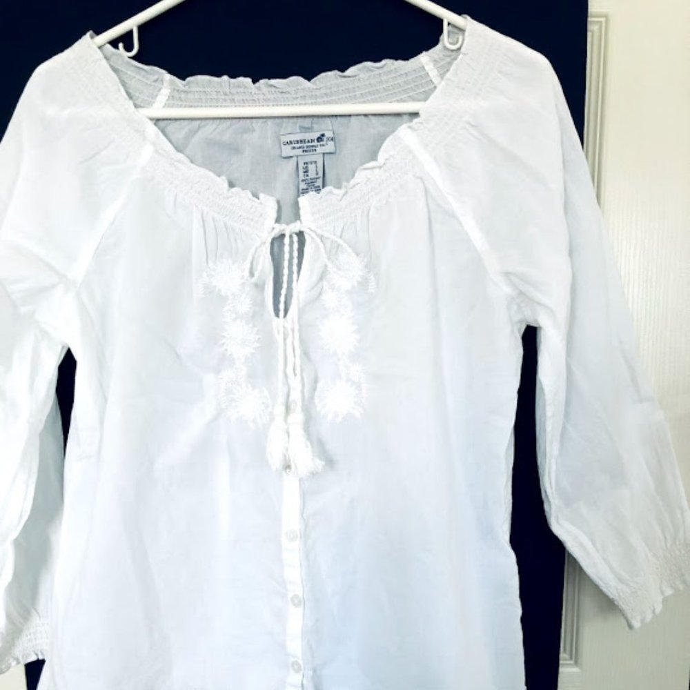 CARIBBEAN JOE White cotton long sleeve top LP NWOT